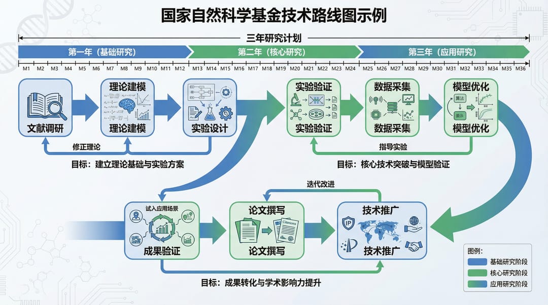 科研費向け技術ロードマップの生成例(3年間の研究計画をタイムラインで表現)