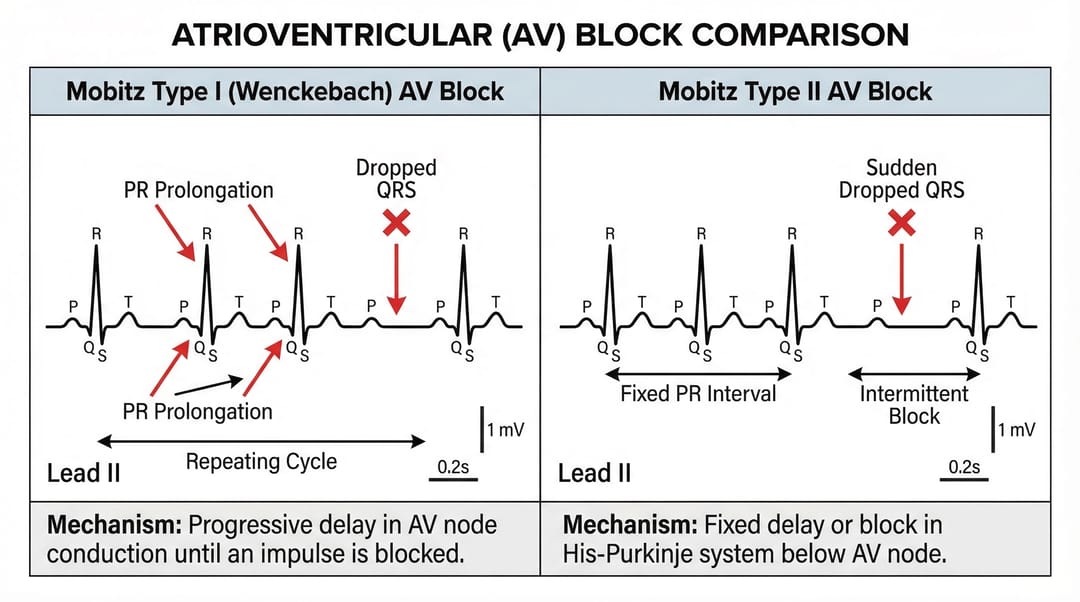 Mobitz I vs Mobitz II ECG comparison