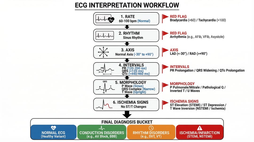 ECG interpretation workflow infographic