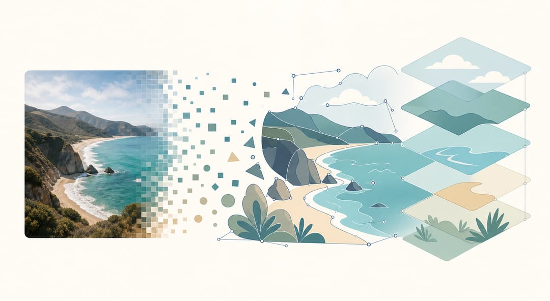 A flat raster figure transforming into editable vector shapes with anchor nodes and separable layers