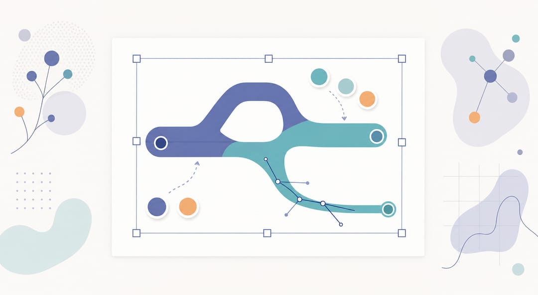 Abstract vector editing workspace showing selection handles, bounding box grips, and color swatches recoloring a shape