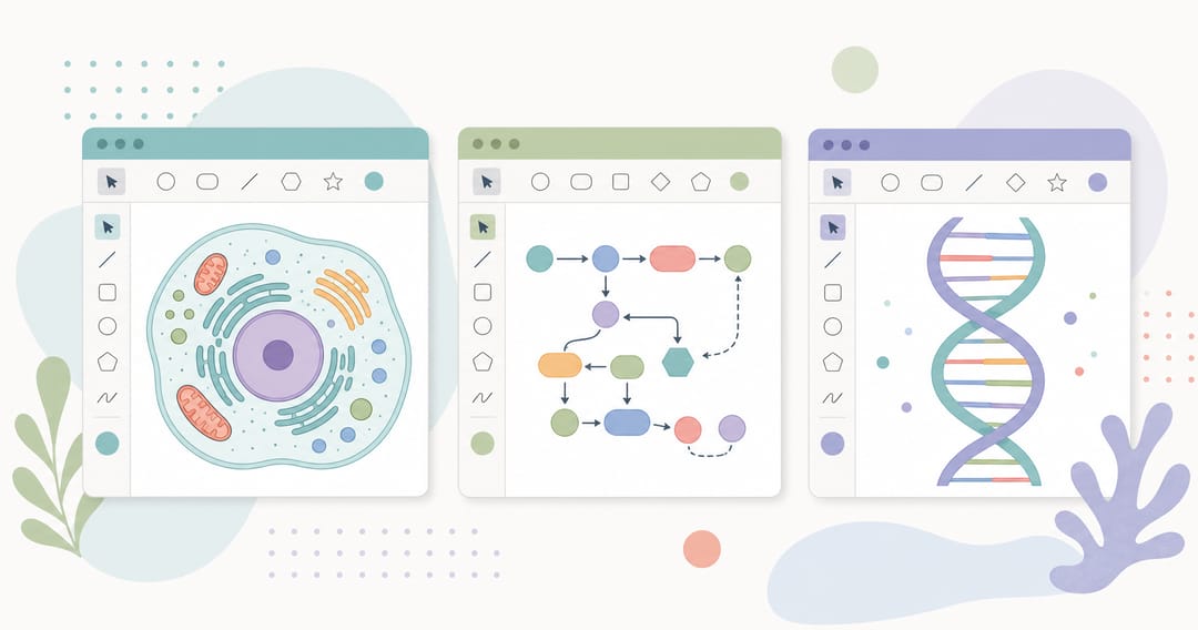 Paneles estilizados de una app de dibujo científico que muestran diagramas de biología como células y vías moleculares