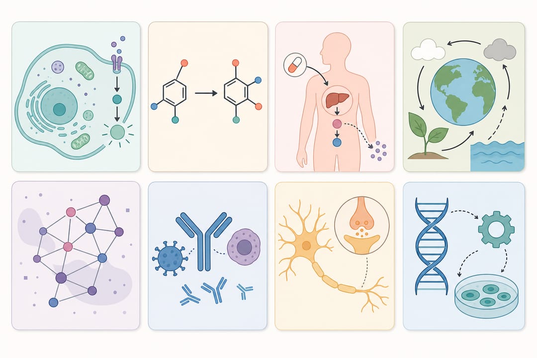Grid of single-panel graphical abstract examples across biology, chemistry, medicine, environment, and data science fields