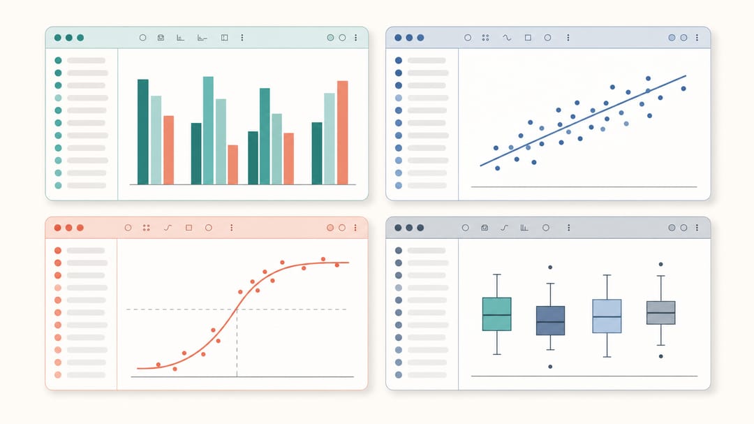Vergleich von Benutzeroberflächen statistischer Diagramm-Anwendungen mit Balken-, Streu- und Dosis-Wirkungs-Diagrammen ohne Text