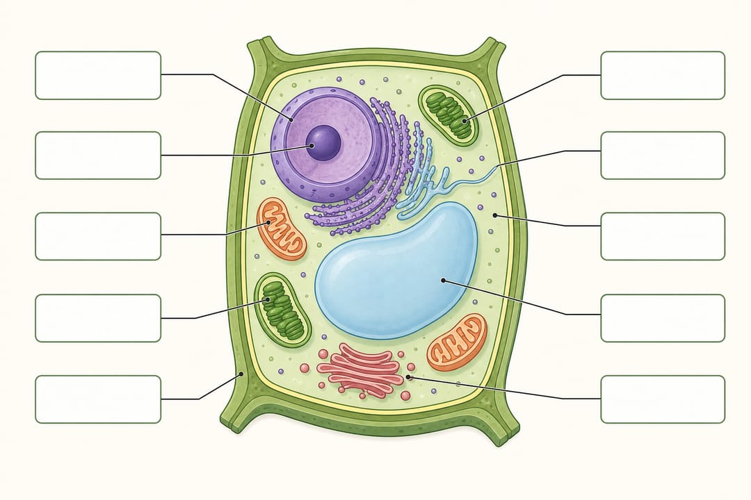 Diagrama de célula vegetal com linhas-guia limpas apontando para as organelas, sem texto de rótulo