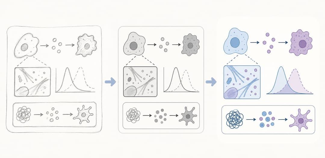 A scientific figure evolving from rough sketch to draft to polished final version