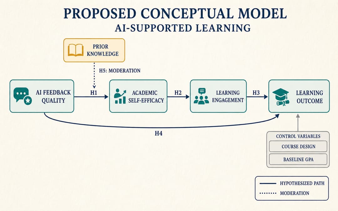 Hypothetical conceptual model showing links between AI feedback quality, academic self-efficacy, learning engagement, and learning outcomes