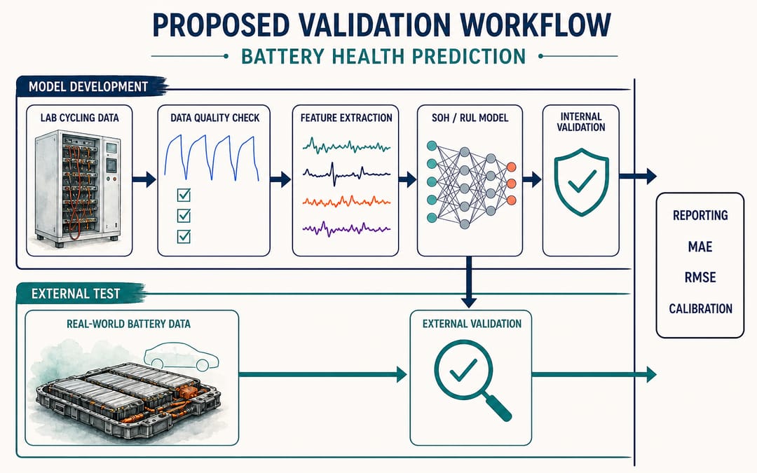 Hypothetical battery health prediction workflow showing model development separated from external validation