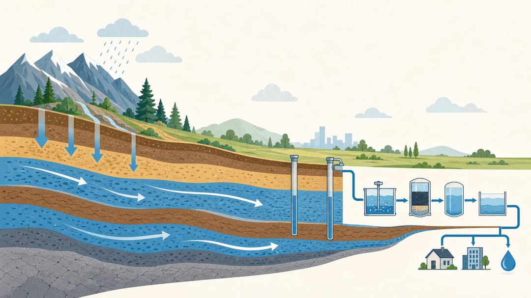 Portada editorial que muestra un corte hidrogeológico del frente montañoso a la llanura con acuíferos etiquetados y un diagrama de proceso de tratamiento de agua