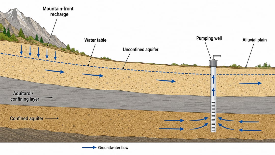 Corte hidrogeológico desde el frente montañoso hasta la llanura con acuíferos estratificados y flechas de flujo del agua subterránea