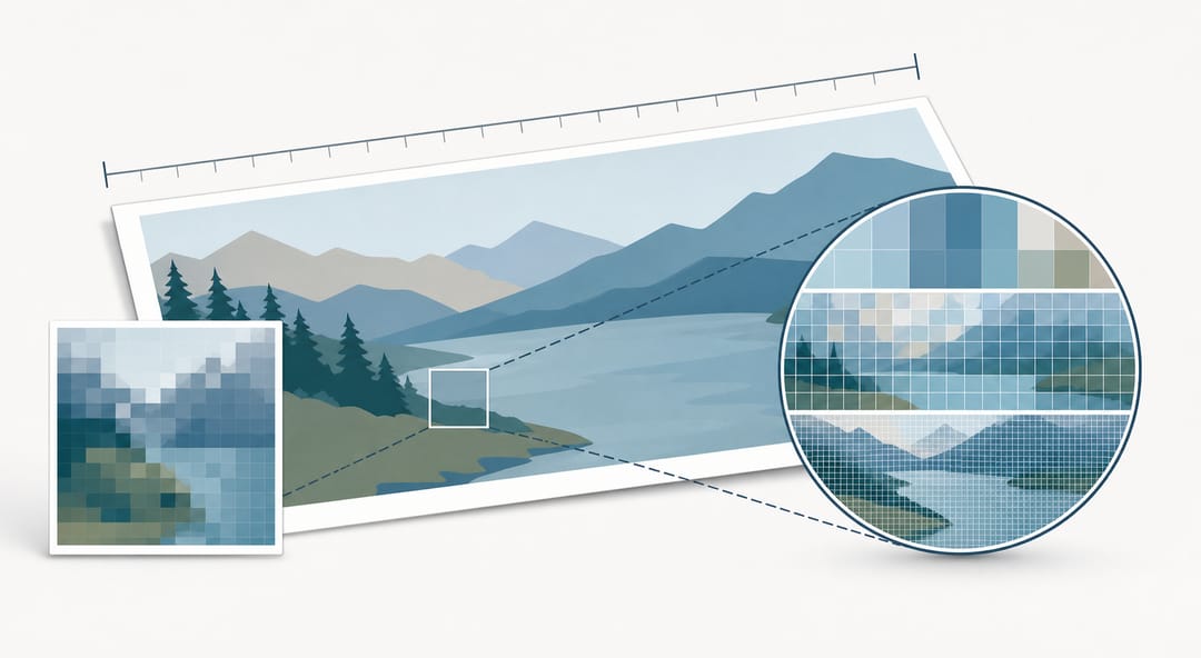 Ein kleines verpixeltes Bild wird an einer gedruckten Seite gemessen, mit einer vergrößerten Detailansicht, die in unterschiedlicher Dichte gepackte Pixel zeigt