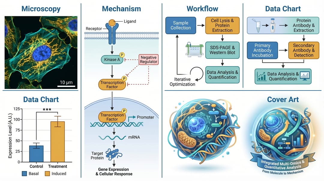 Five-panel example showing lab figures from microscopy, mechanism, workflow, data chart, and cover art categories