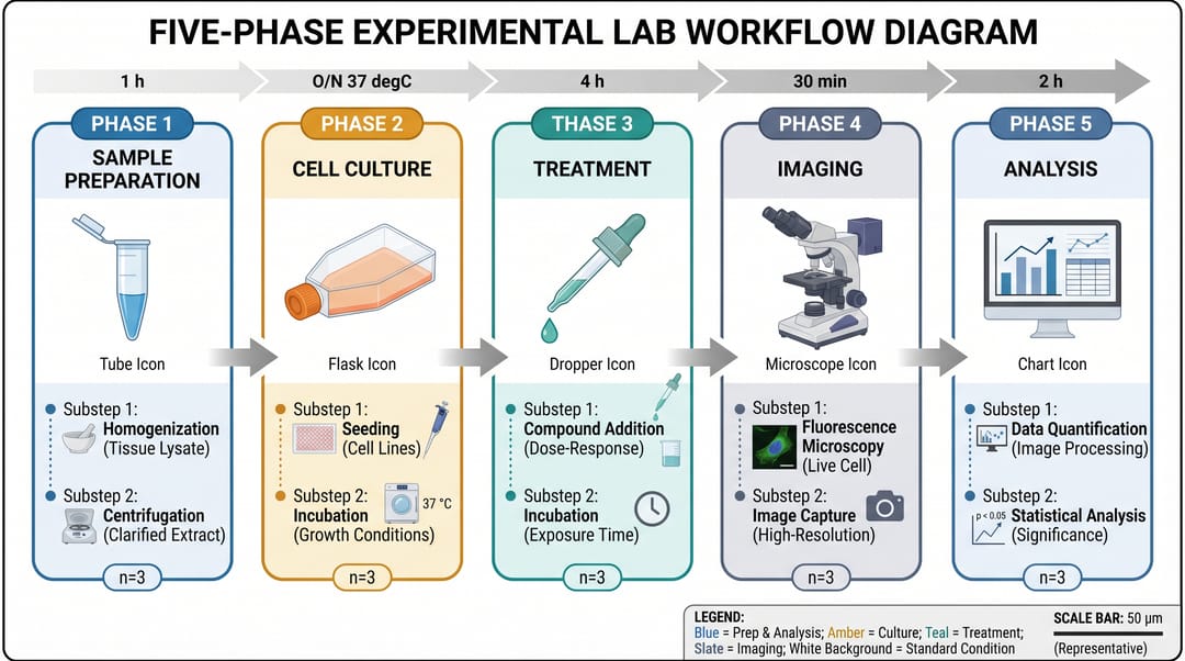 Multi-step workflow example with five color-coded phases, time annotations, and sample sizes