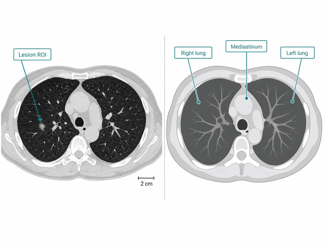 Beschriftetes Schema eines axialen Thorax-CT neben einem annotierten Scan, klar erkennbar als Diagramm und nicht als Fotografie