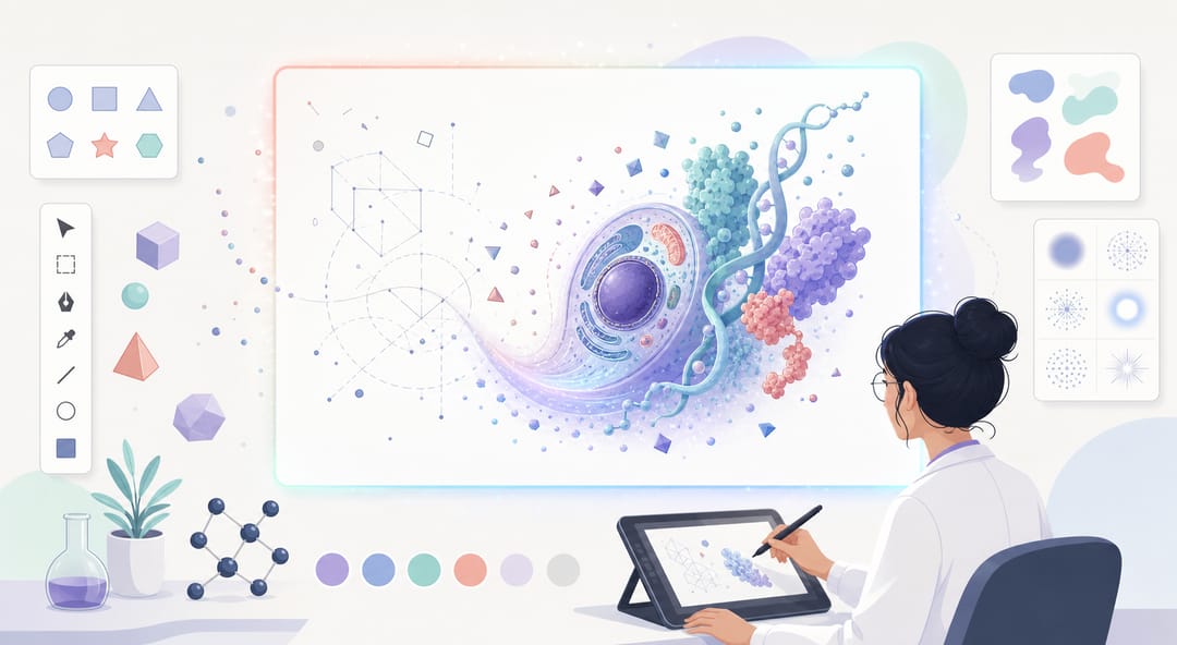 A scientific figure being generated on a stylized SciDraw AI canvas