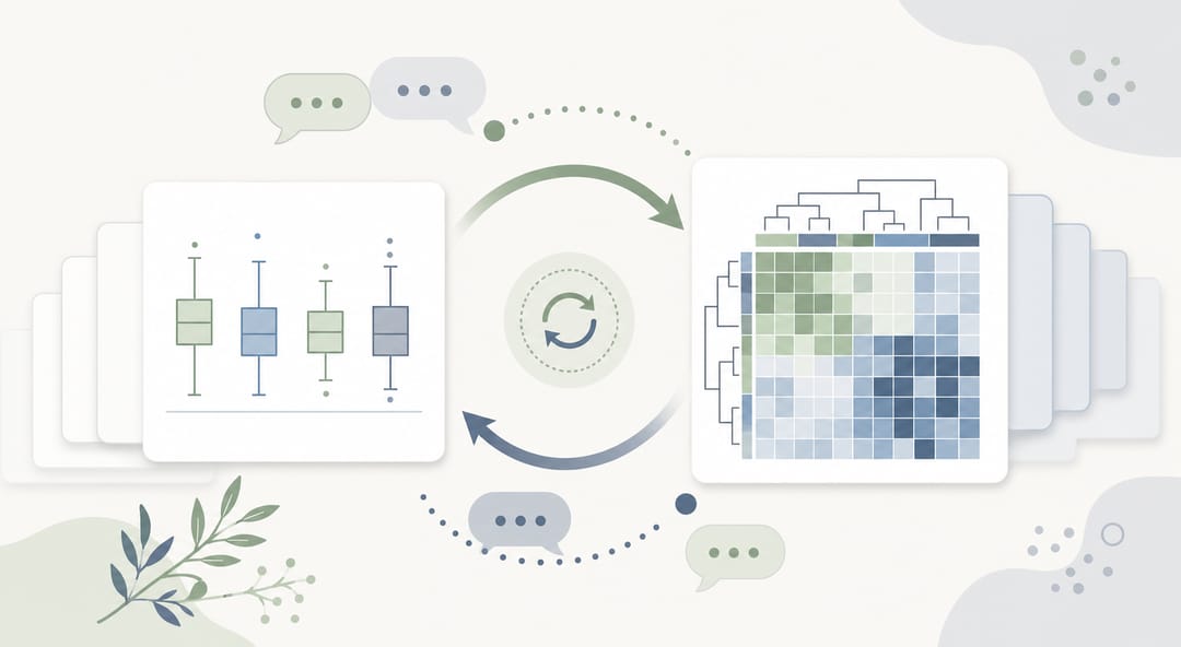 Iterative dialogbasierte Bearbeitung verfeinert ein Diagramm in SciDraw AI zu einer geclusterten Heatmap