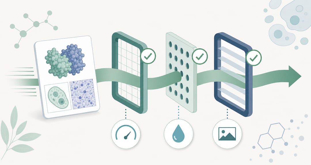 Eine Karte mit einer wissenschaftlichen Abbildung läuft durch einen Validierungsfluss aus mit Häkchen markierten Toren, begleitet von Icon-Badges für Auflösung, Farbe und Format