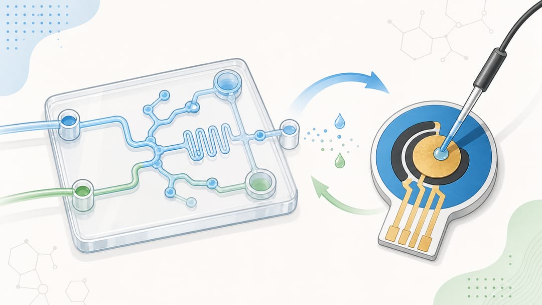 Editorial-Titelbild mit einem elektrochemischen Sensorschema neben einem Lab-on-a-Chip-Mikrofluidik-Diagramm mit beschrifteten Kanälen und einem Detektionsfenster