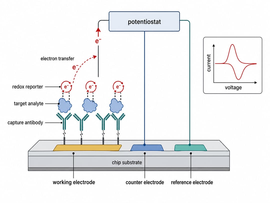 Querschnittsschema eines elektrochemischen Biosensors mit drei Elektroden, Fängerantikörpern und Stromauslesung