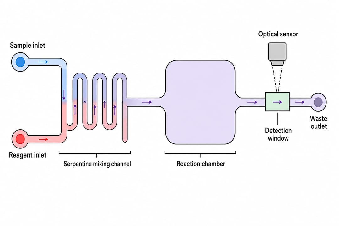 Aufsicht auf ein Lab-on-a-Chip-Mikrofluidikdiagramm mit Einlässen, Serpentinenmischer, Reaktionskammer und Detektionsfenster