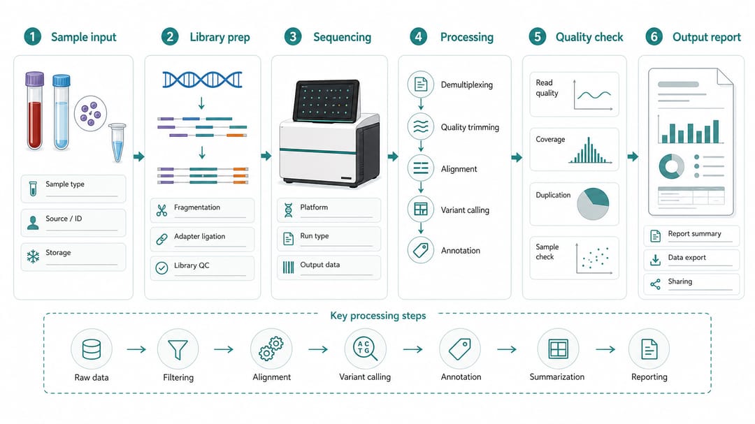 Workflow diagram with numbered horizontal steps from sample input to analysis output