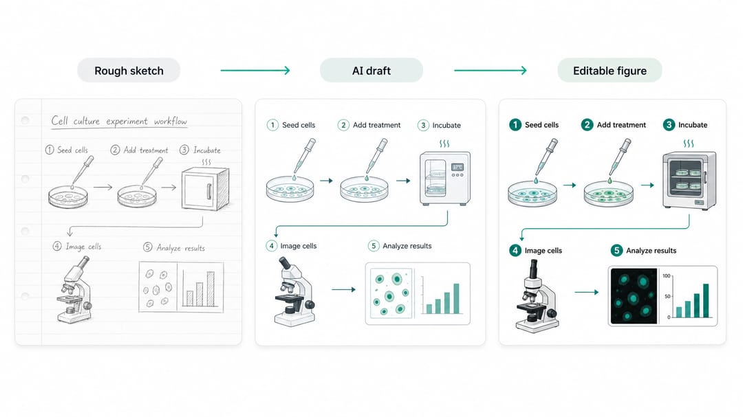 Workflow a tre fasi: schizzo grezzo da lavagna, bozza IA, figura SVG editabile, con la stessa scienza coerente