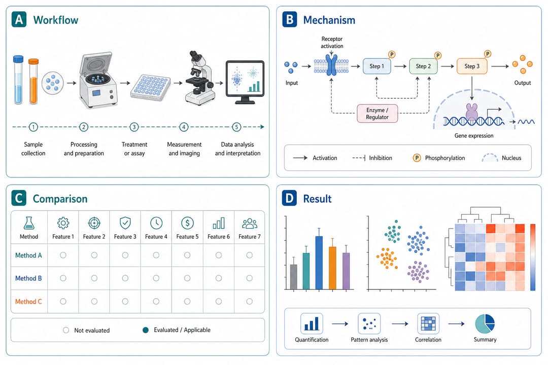 Multi-panel scientific diagram showing workflow, mechanism, comparison, and result panels with placeholder labels