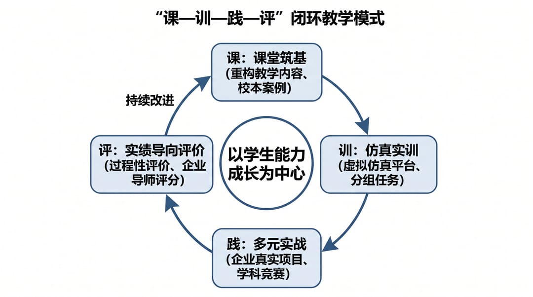 Example closed-loop teaching model: course, training, practice, evaluation (labelled in Chinese)