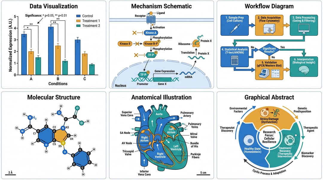 각 scientific graphic 유형의 예시를 레이블과 함께 보여주는 6패널 그리드