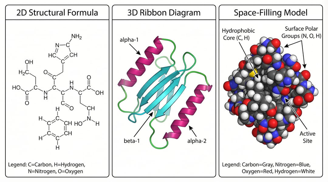 2D 구조식, 3D ribbon 다이어그램, space-filling 모델을 나란히 보여주는 분자 구조 예시