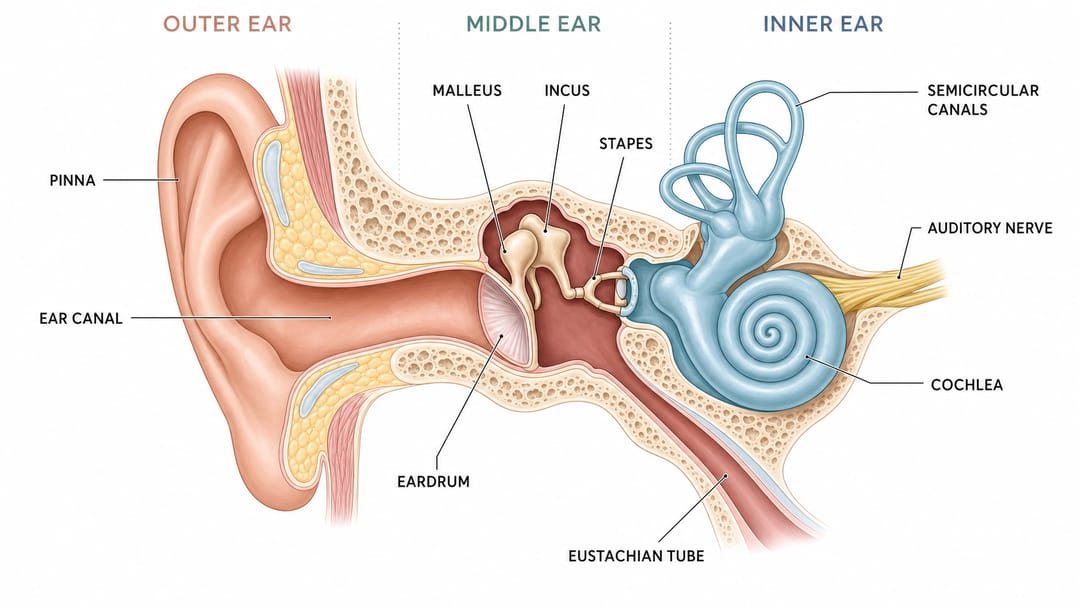 Schéma annoté de l'oreille montrant le pavillon, le conduit auditif, le tympan, les osselets, la cochlée, les canaux semi-circulaires, la trompe d'Eustache et le nerf auditif dans l'oreille externe, moyenne et interne