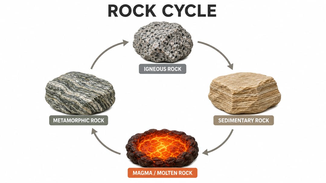 Schéma annoté du cycle des roches montrant les roches magmatique, sédimentaire et métamorphique reliées par les processus d'altération, de dépôt, de chaleur et pression, de fusion et de refroidissement