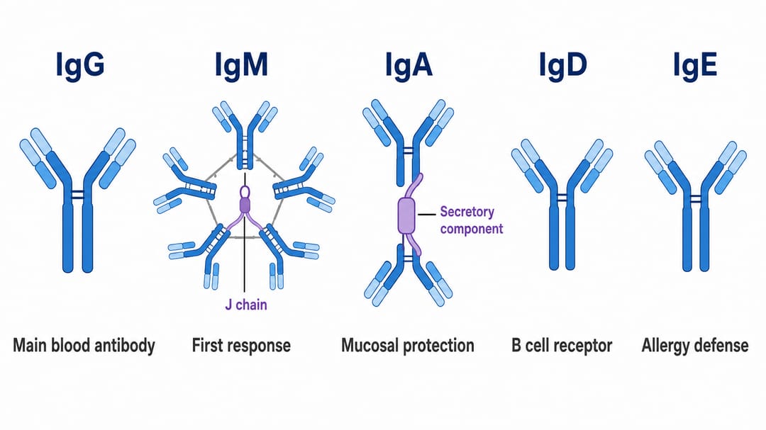 五种抗体同种型 IgG IgM IgA IgD IgE 的结构与功能对比图