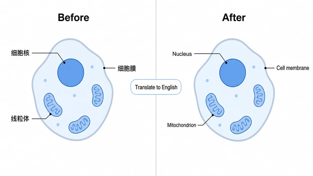 Before and after of a scientific figure with its labels translated from Chinese to English, layout unchanged