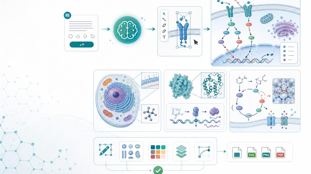 AI-powered BioRender alternative workflow showing prompt input, editable scientific figure panels, and vector export