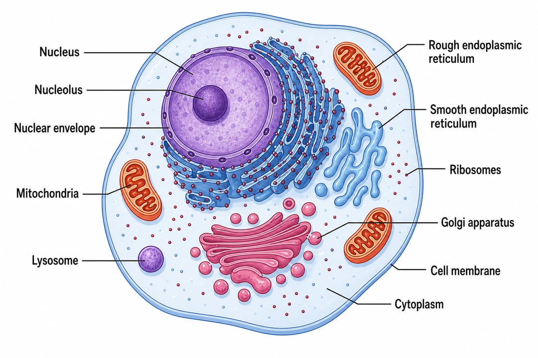 Schema della cellula animale completamente etichettato con nucleo, mitocondri, reticolo endoplasmatico, apparato di Golgi, ribosomi, lisosoma, membrana e citoplasma