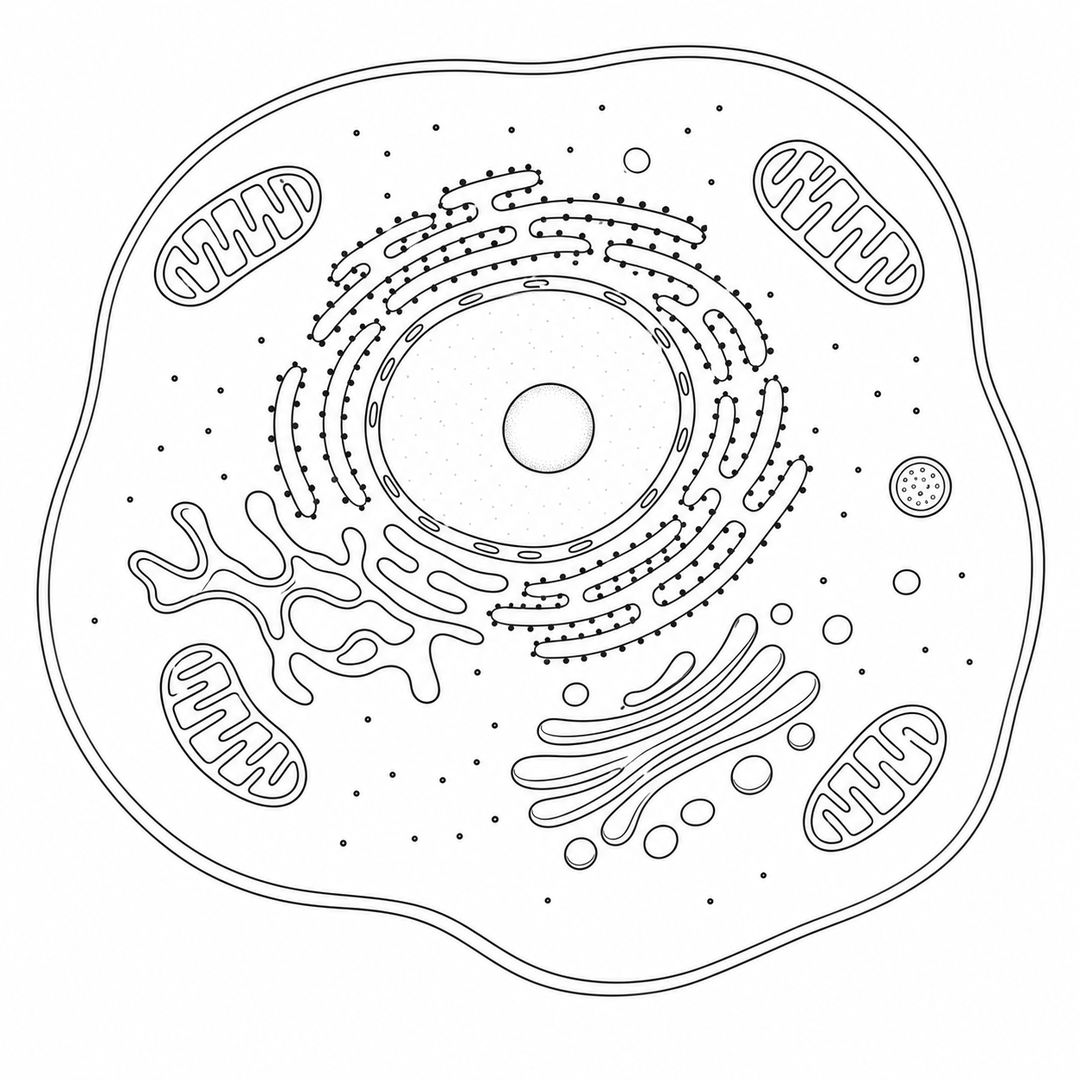 Schema della cellula animale vuoto e muto, con contorni chiari degli organuli e spazio per far scrivere le etichette agli studenti