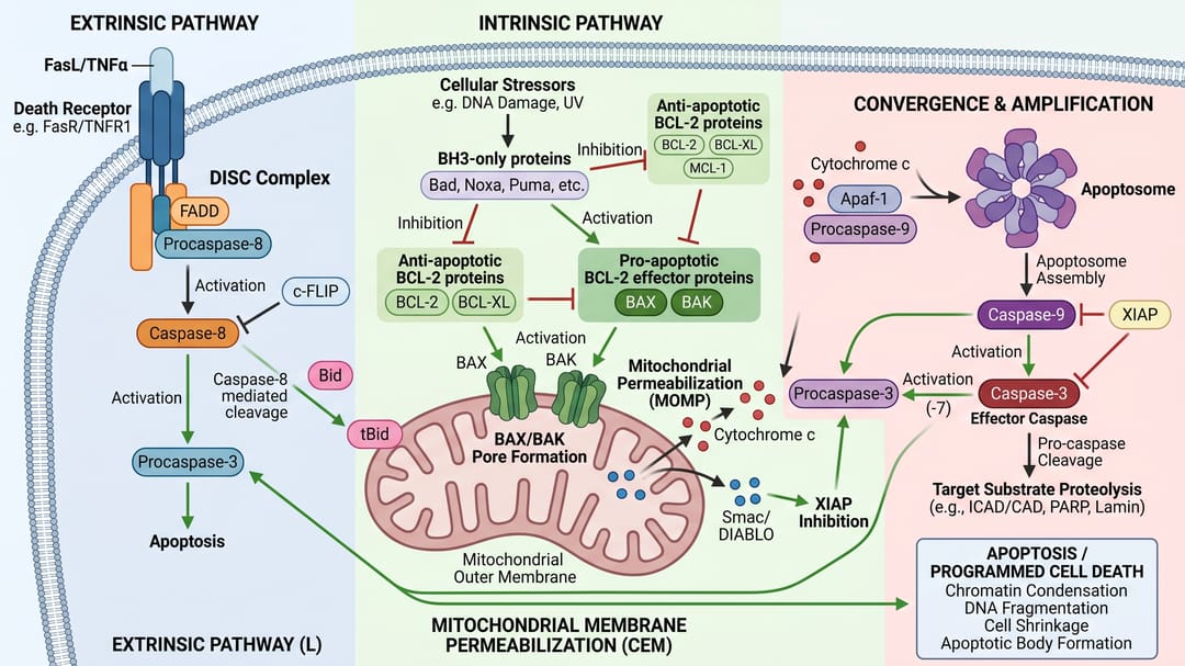 Diagramma della via dell'apoptosi che mostra le vie intrinseca ed estrinseca, caspasi-8, BAX BAK, rilascio di citocromo c, apoptosoma, caspasi-9 e caspasi-3