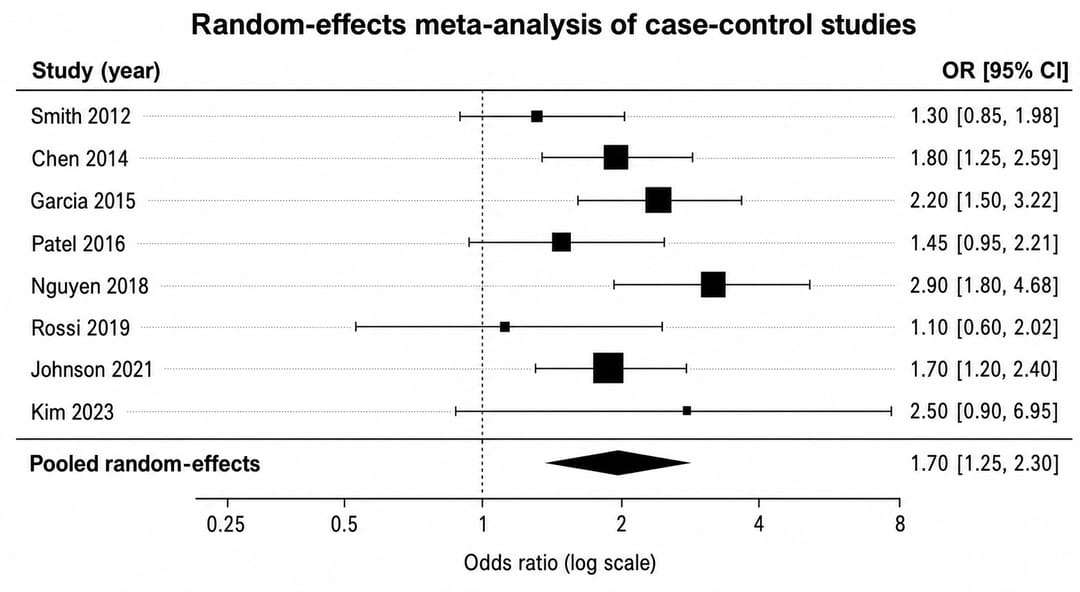 Esempio di forest plot con stime dell'effetto e intervalli di confidenza