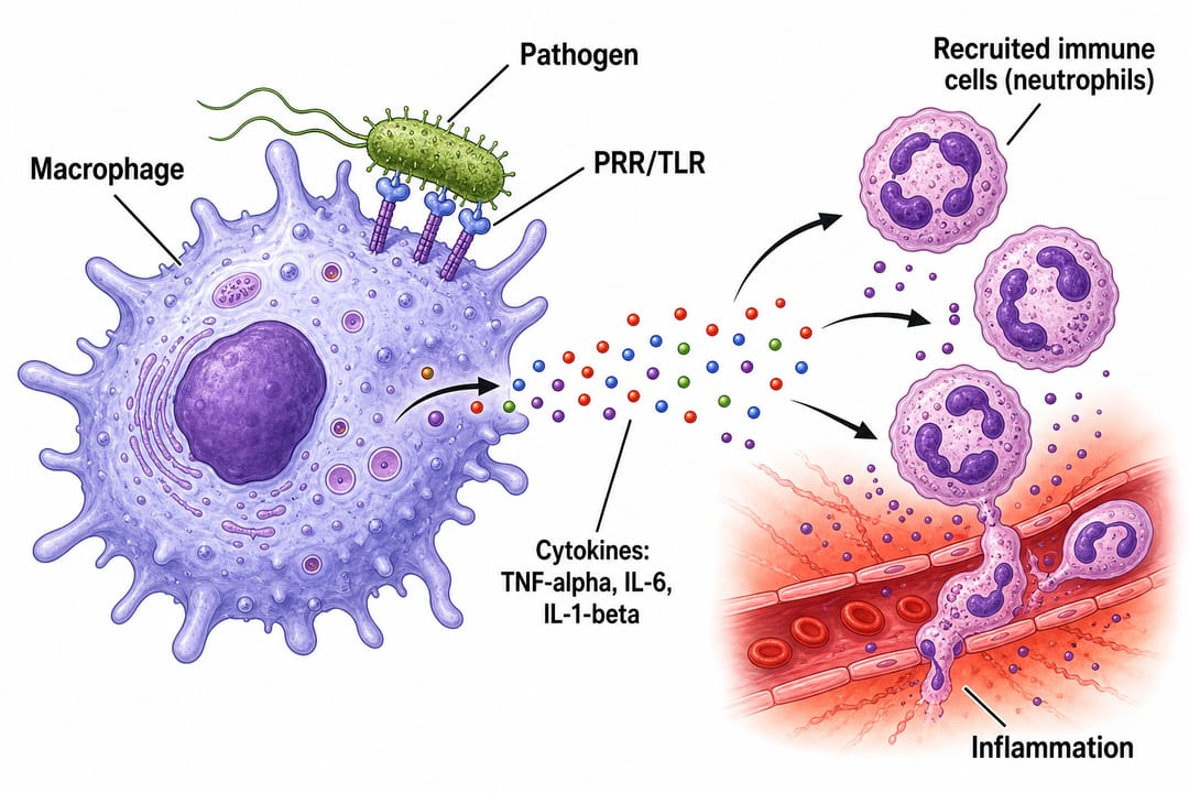 Diagramm der Zytokinfreisetzung und Entzündung: Makrophage erkennt einen Erreger über TLRs und setzt TNF-alpha IL-6 IL-1beta frei