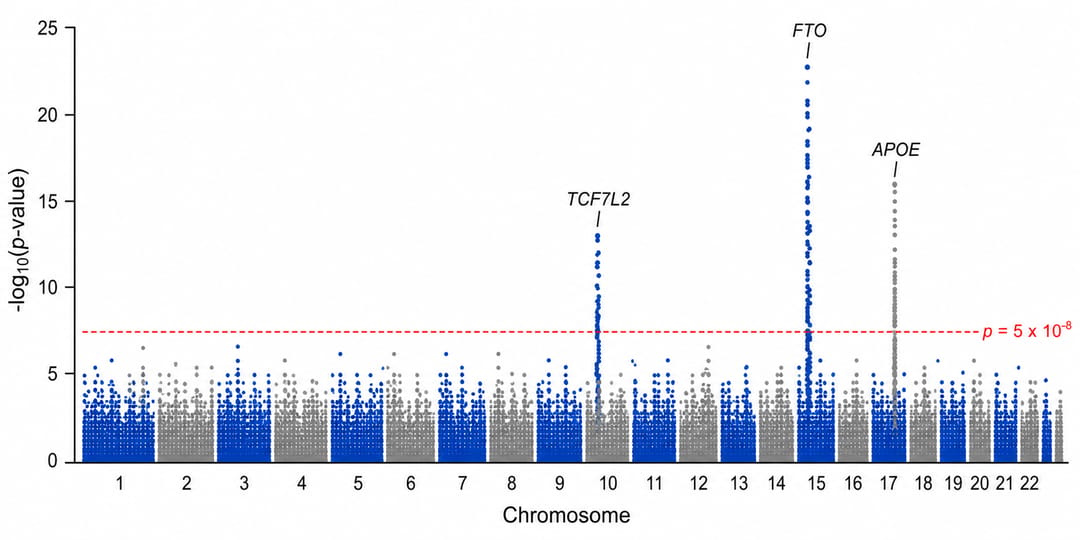 Manhattan plot with selected association peaks annotated by locus