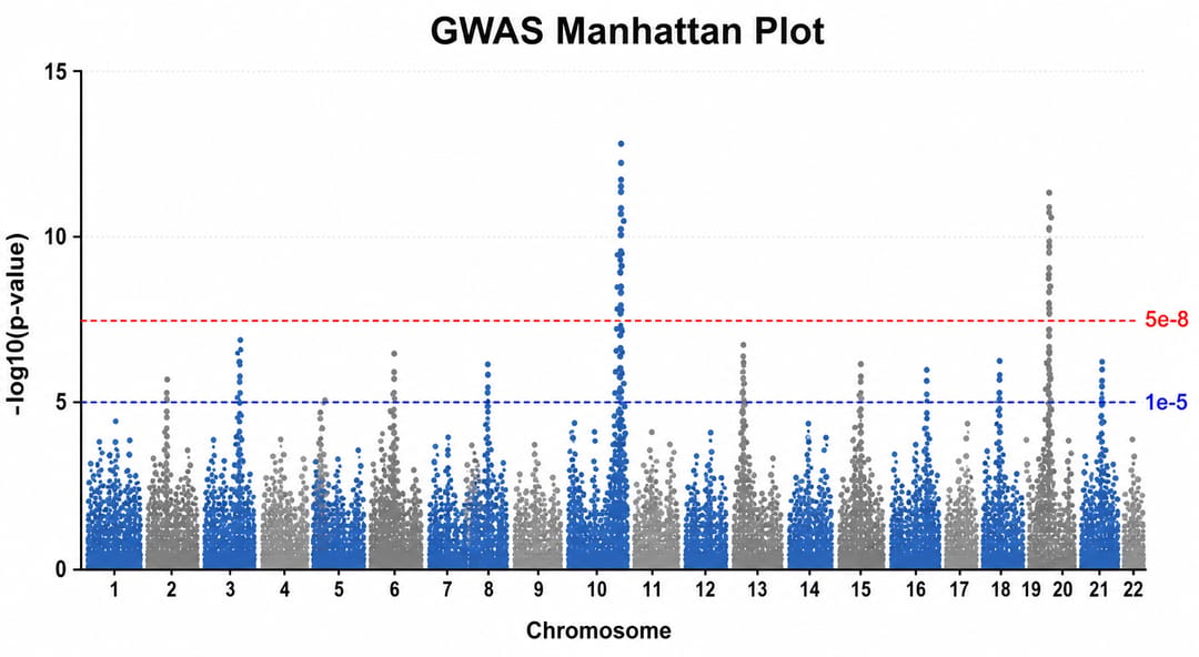 Manhattan plot with separate genome-wide and suggestive association thresholds