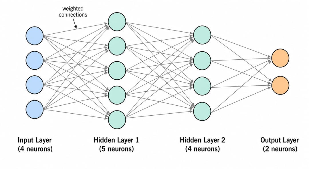Feedforward-MLP-Diagramm mit einer Eingabeschicht, zwei verdeckten Schichten und einer Ausgabeschicht mit vollverbundenen Neuronen und beschrifteten Neuronenzahlen pro Schicht