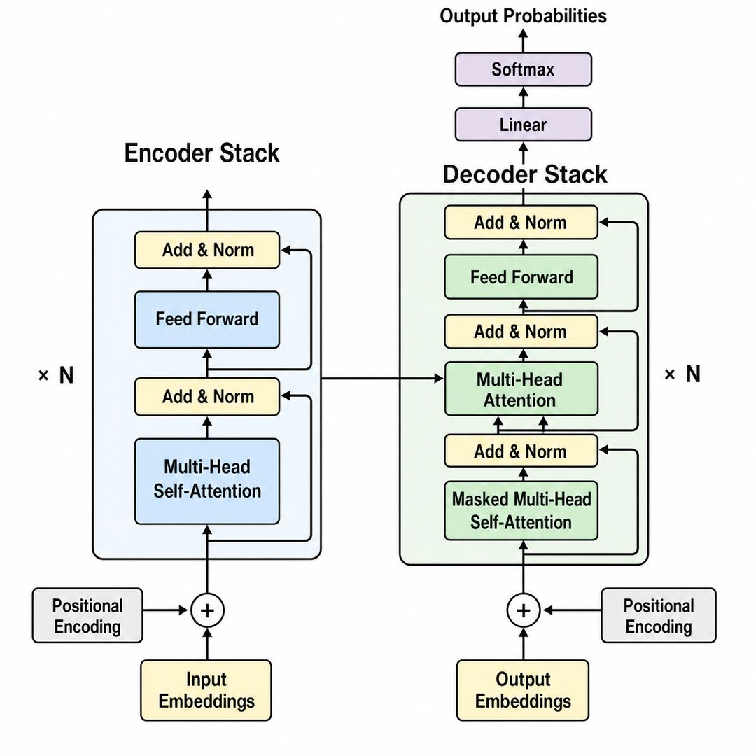 Diagrama de arquitectura Transformer con pilas de codificador y decodificador, autoatención multicabeza, bloques feed-forward y softmax de salida