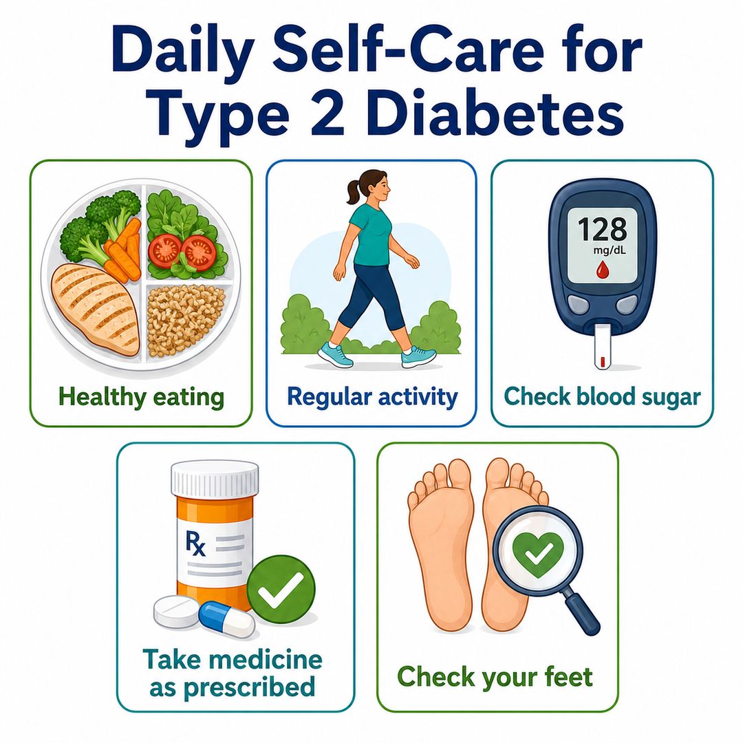 Infografía de educación al paciente sobre el autocuidado de la diabetes con secciones en lenguaje sencillo sobre glucemia, dieta, ejercicio y cuidado de los pies