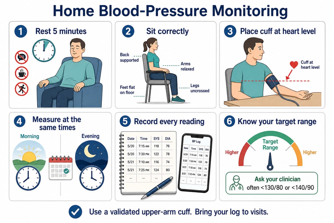 Infografica sul monitoraggio domiciliare della pressione nell'ipertensione che mostra riposo, posizione del bracciale, tempistica e registrazione delle misurazioni — volantino di educazione del paziente accessibile