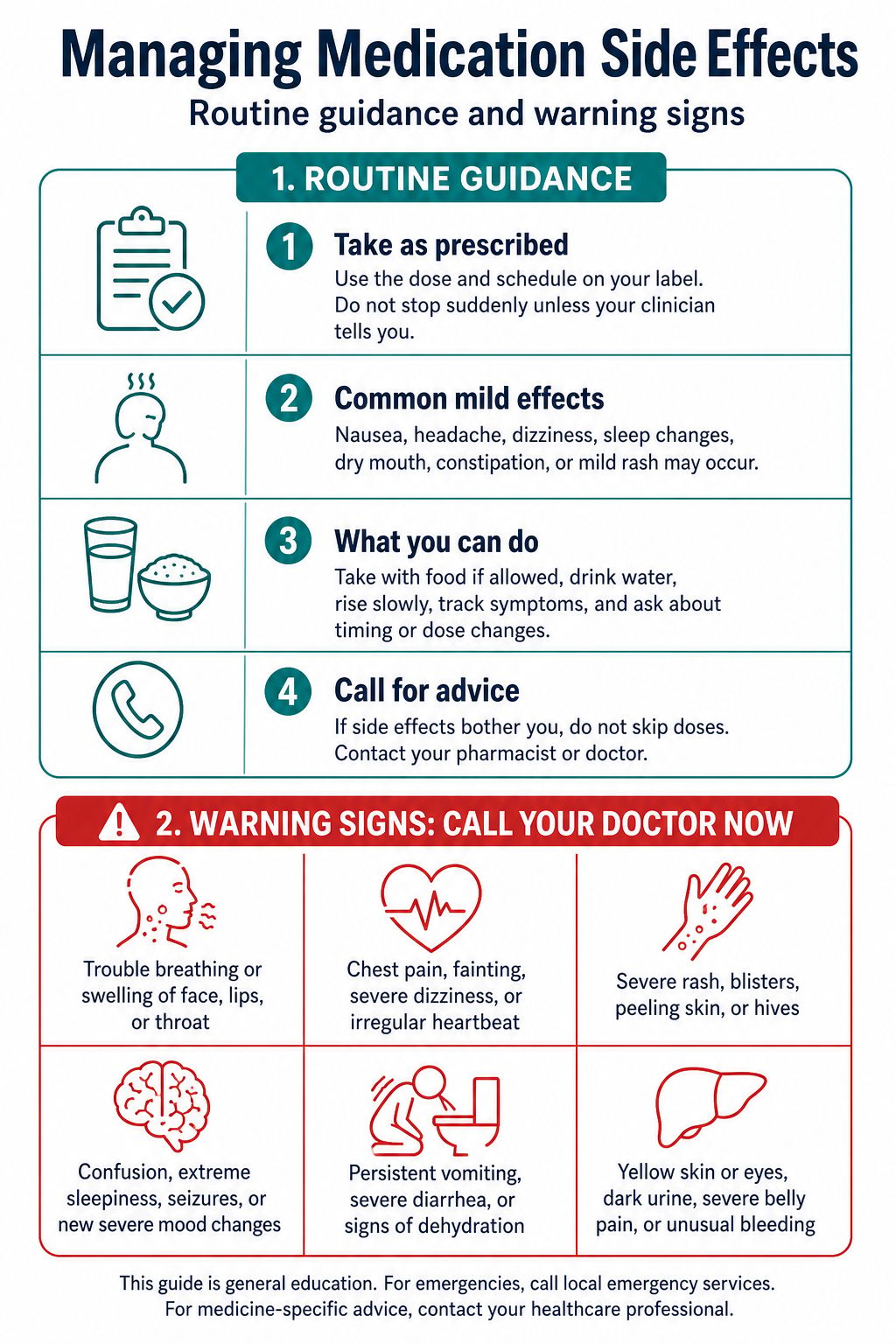 Infografica sugli effetti collaterali dei farmaci che separa le indicazioni di routine dai segnali d'allarme che richiedono un clinico — volantino guida ai farmaci per il paziente in linguaggio semplice