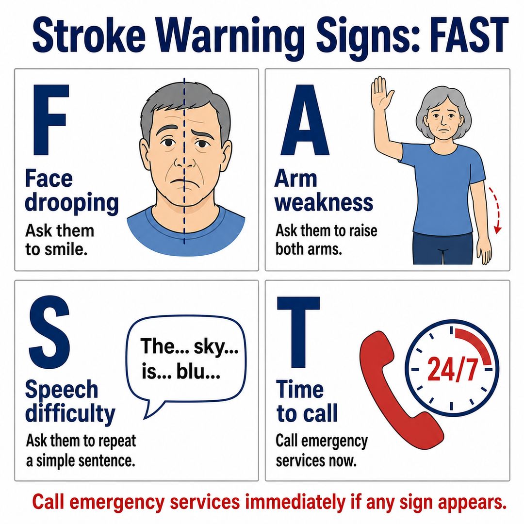 Infografía para pacientes sobre las señales de alerta del ictus usando el acrónimo FAST para caída del rostro, debilidad en el brazo, dificultad para hablar y momento de llamar a los servicios de emergencia