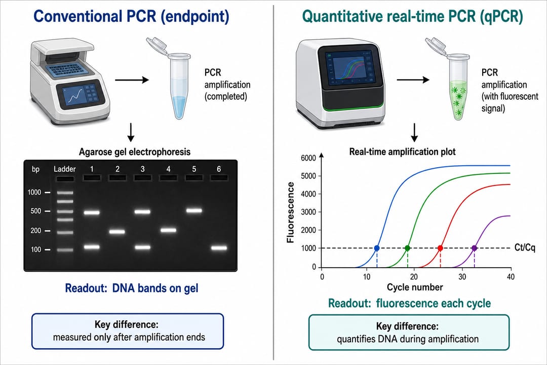 Diagrama comparativo de PCR convencional de ponto final versus qPCR mostrando a leitura em gel para PCR e a curva de fluorescência em tempo real para qPCR