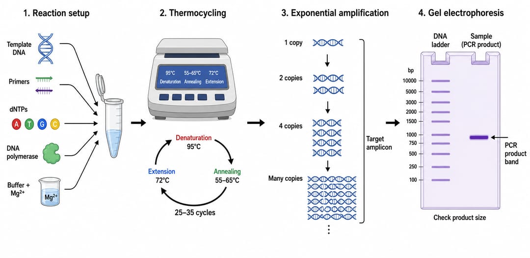 Diagrama de fluxo de trabalho de PCR mostrando montagem da reação, termociclador, amplificação exponencial e eletroforese em gel como um fluxo da esquerda para a direita